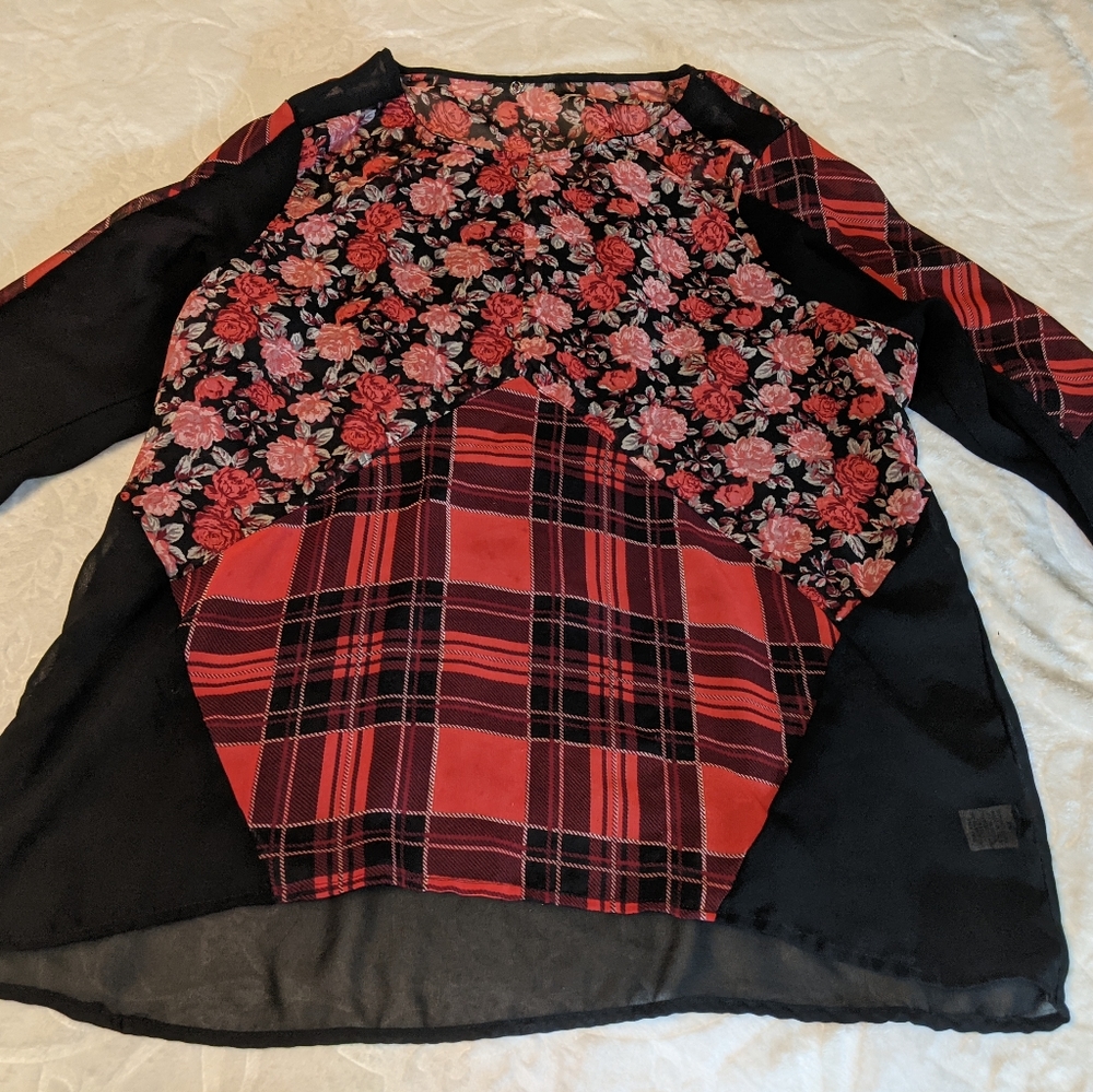 Rose & plaid paisley pattern sheer blouse